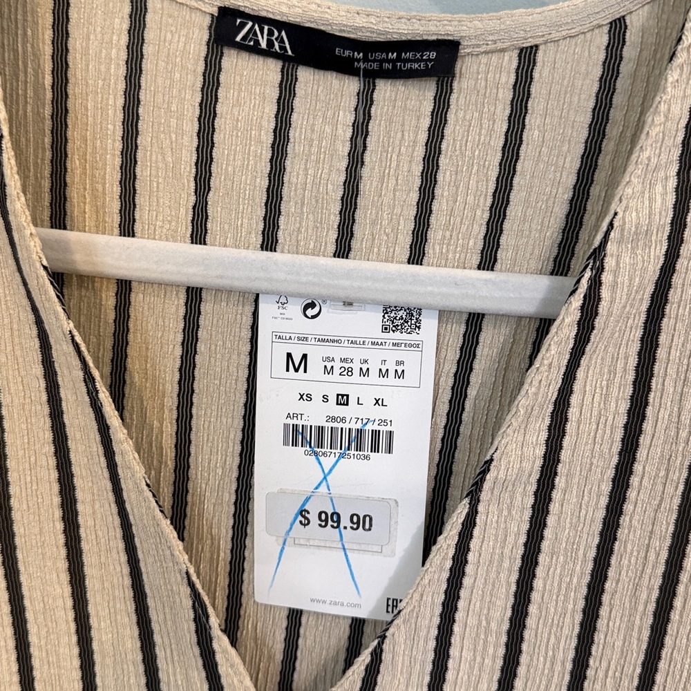 Zara Striped V-Neck Midi Dress in Cream and Black with pockets size medium - Picture 4 of 8